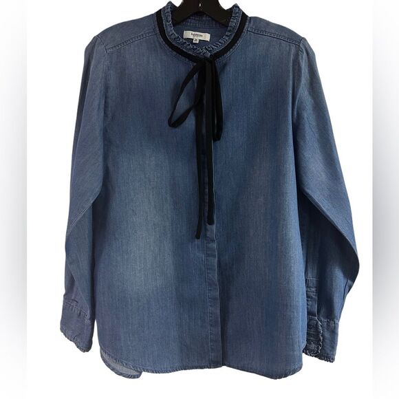 Kensie Jeans Denim Ruffle Collar & Sleeve Button Down Top Size M - Picture 1 of 5